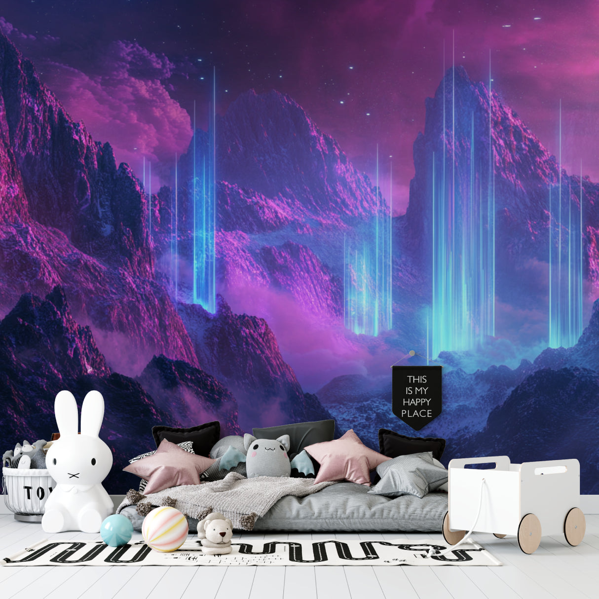 Cosmic mountain wallpaper transforming home office space