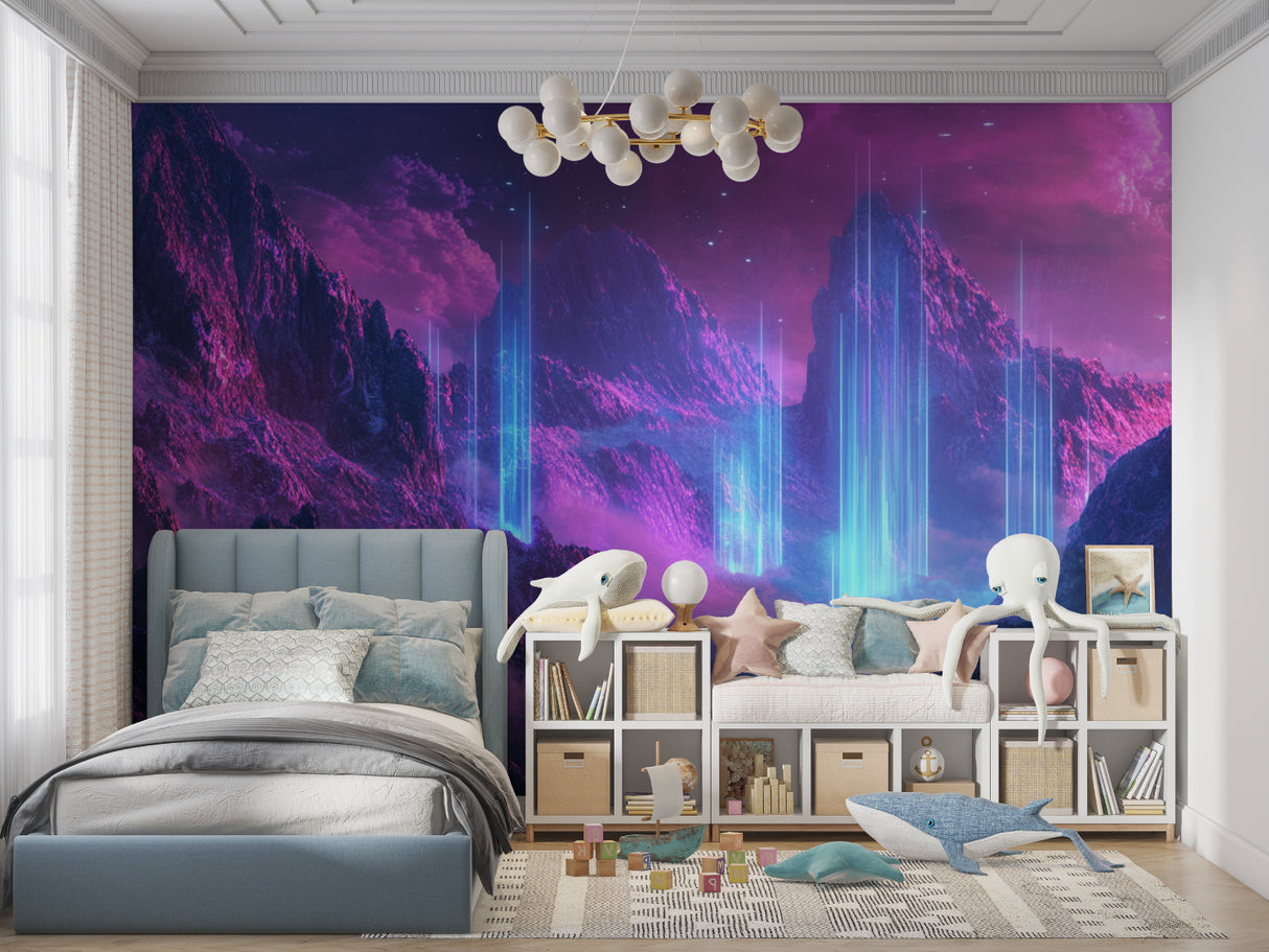 Space themed wall mural in modern living room with purple and blue tones