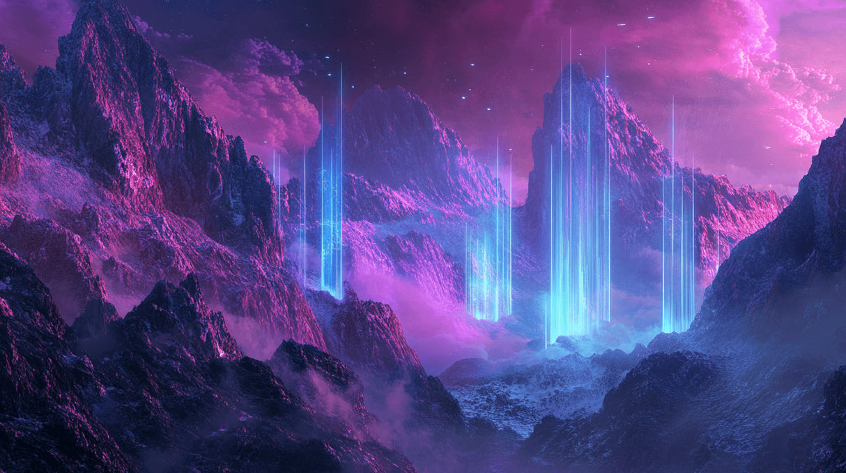 Space galaxy wallpaper design file showing detailed purple mountains and blue light beams pattern