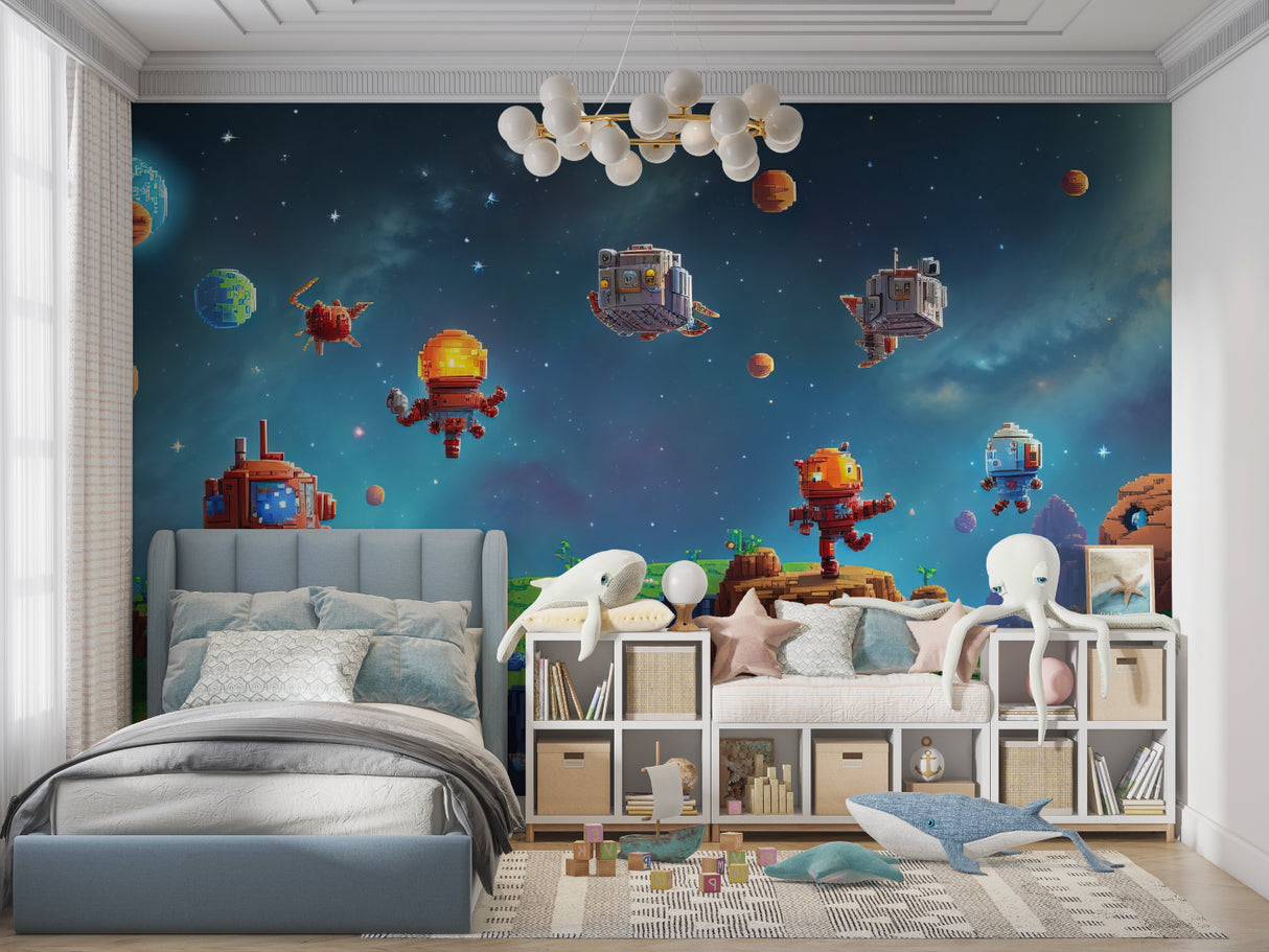 Pixel art space wallpaper bringing gaming charm to a modern teen bedroom with retro-styled astronauts