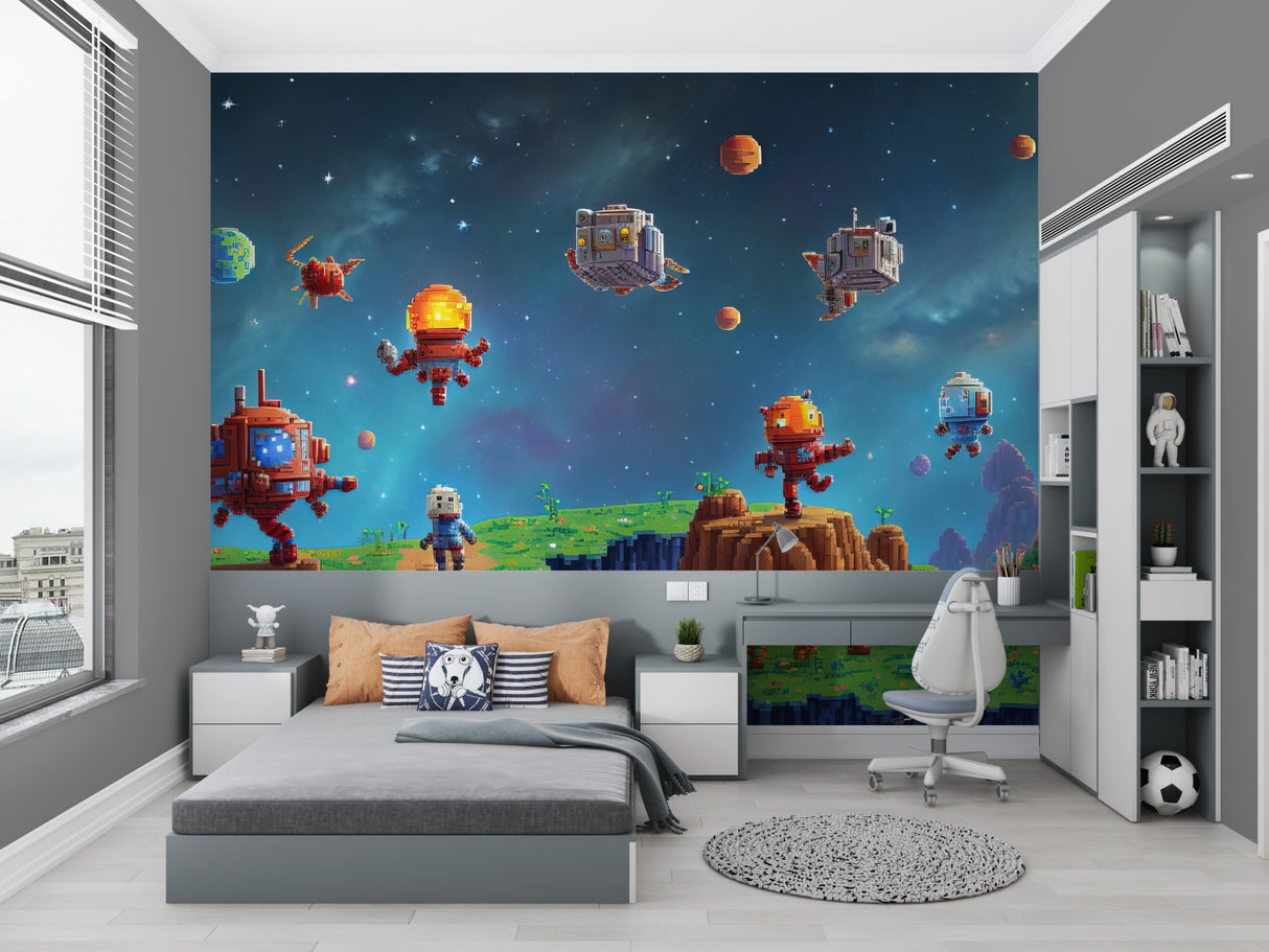 Gaming room transformed with pixel galaxy wallpaper showing robots floating in space