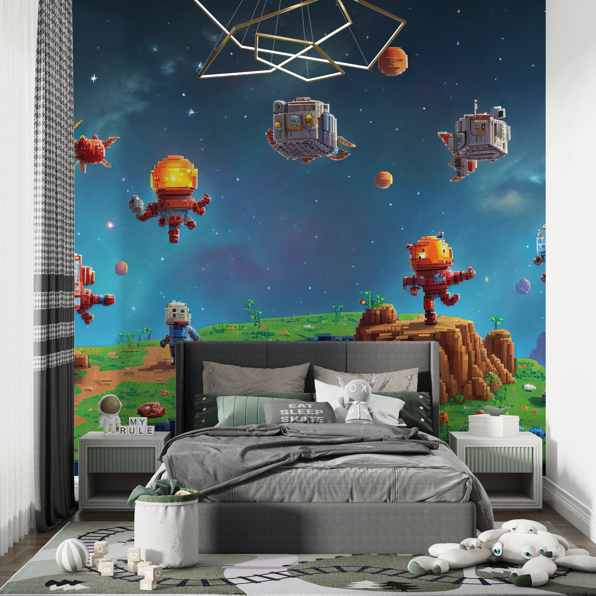 Kids playroom featuring space pixel art wallpaper with bright cosmic designs