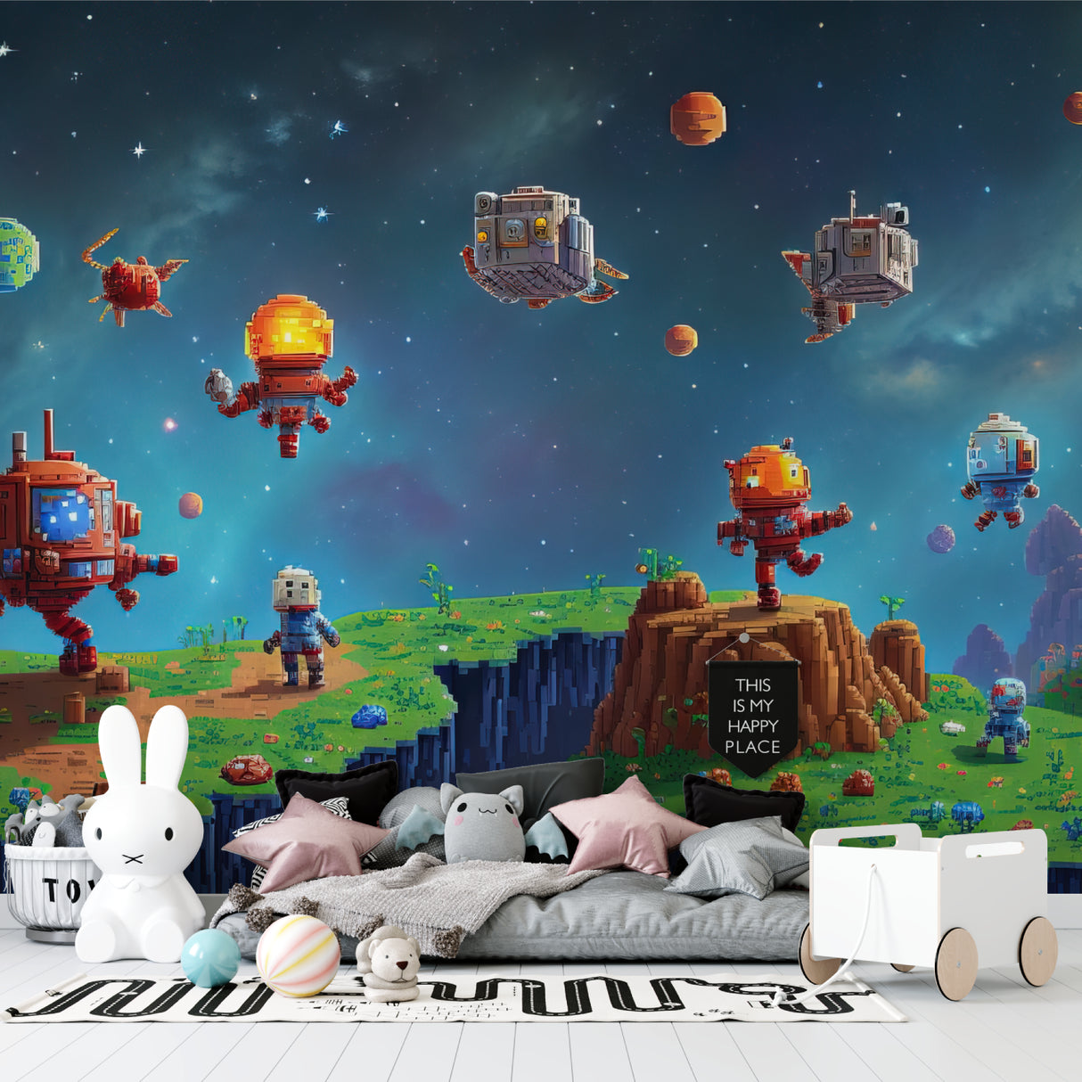 Home office space decorated with retro gaming wallpaper showing pixel art space scene