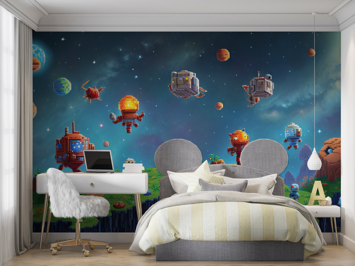 Study corner with pixel art space wallpaper creating an engaging learning environment