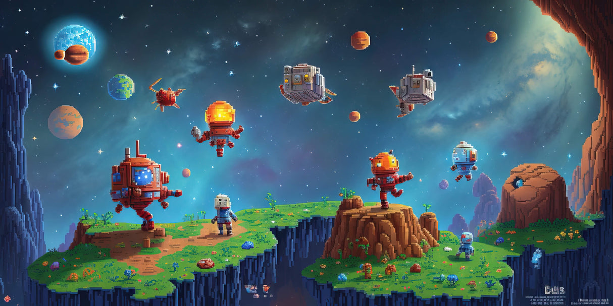 Design file of retro pixel art space wallpaper with detailed galaxy patterns and floating astronauts