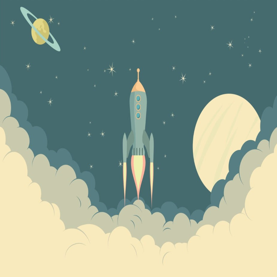 Retro rocket and planet design file with detailed vintage space elements and celestial pattern