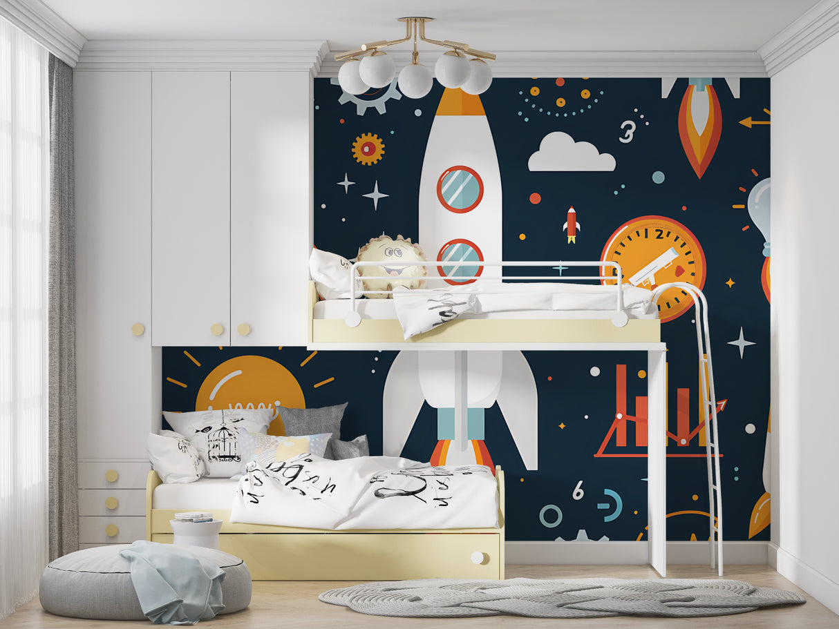 Rocket ship mural wallpaper displayed in a playroom with educational corner setup
