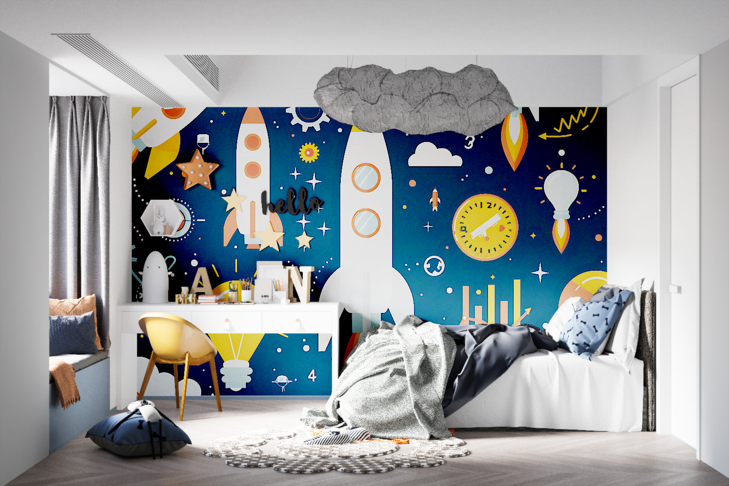 Space themed wallpaper transforming a study area with cosmic inspiration