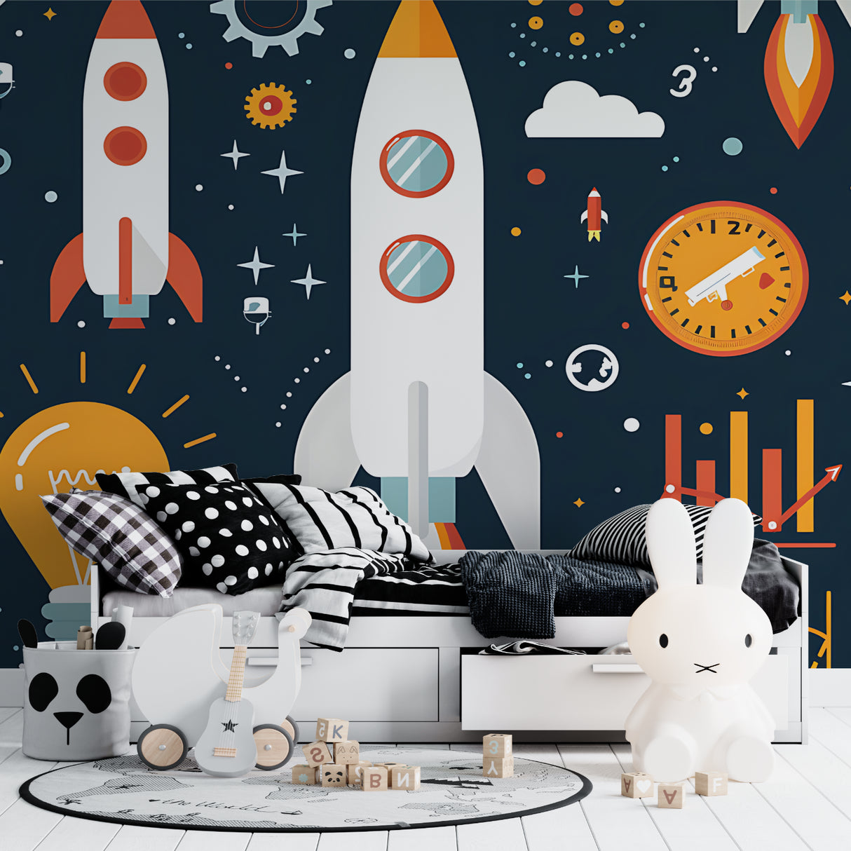 Astronaut wallpaper design creating depth in a teen's gaming room