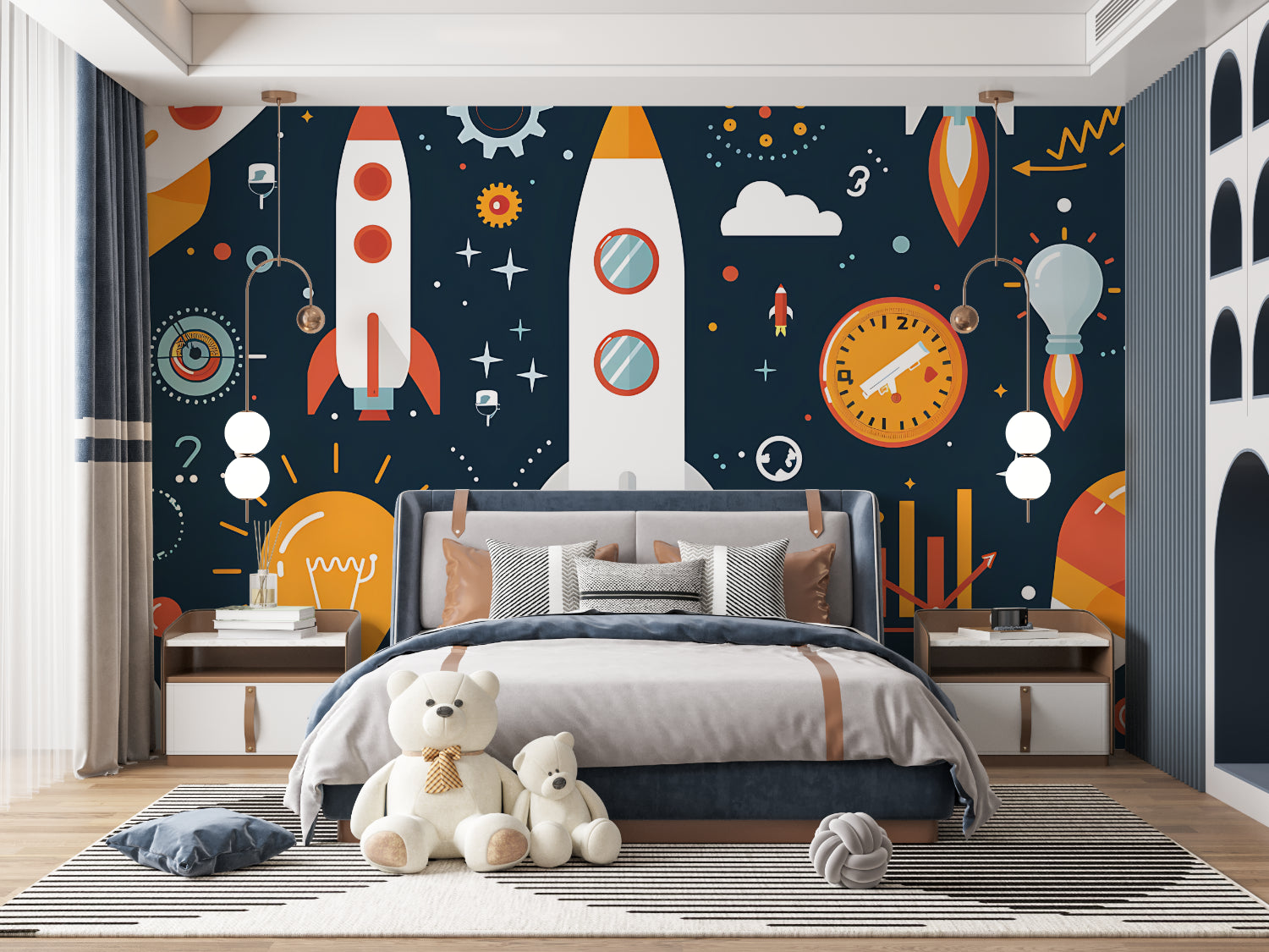 Space adventure mural adding character to a modern nursery setting
