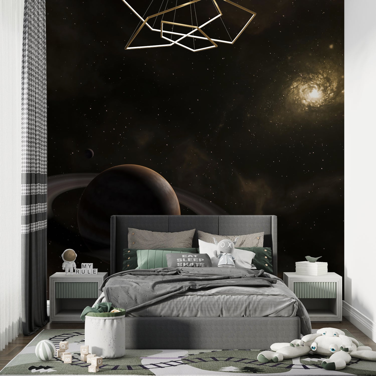 Galaxy wall mural with Saturn view making a living room feel infinite