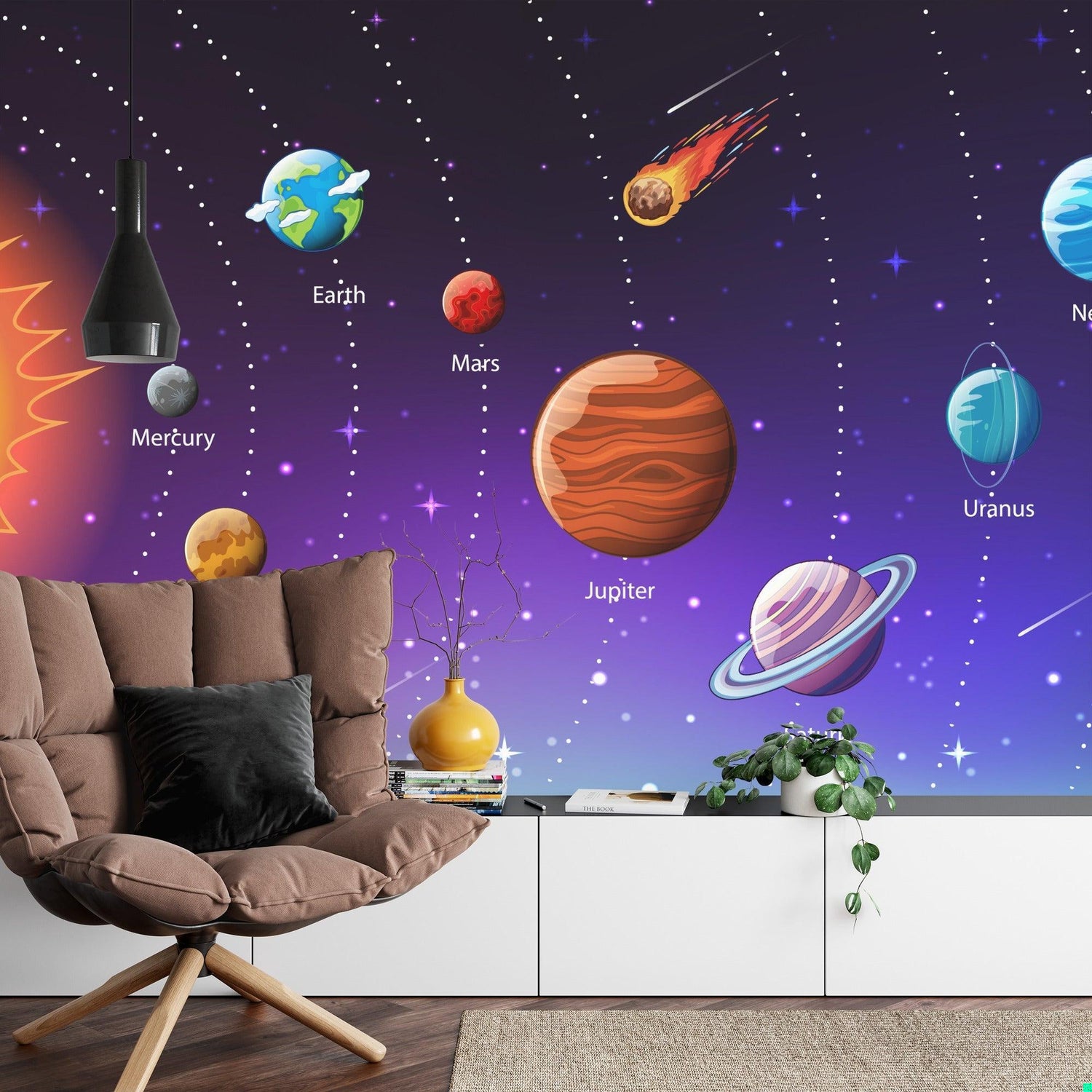 Space mural wallpaper with planets and stars creating a magical atmosphere in a modern kids bedroom