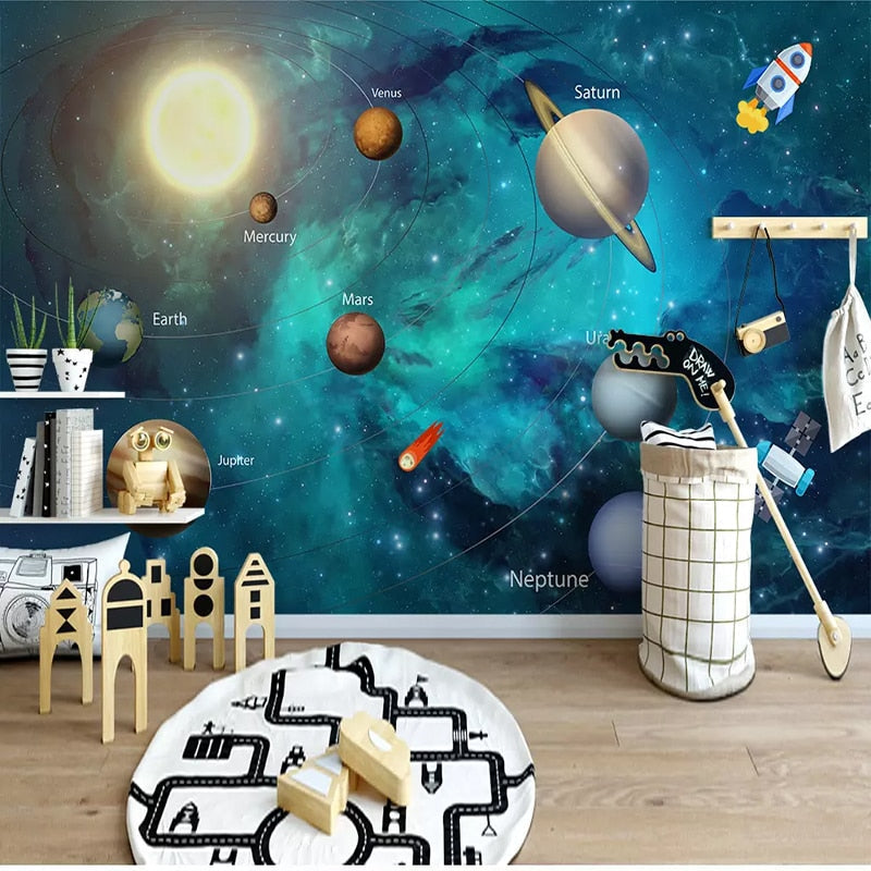 Space wallpaper with planets in modern kids bedroom, creating an educational and fun atmosphere