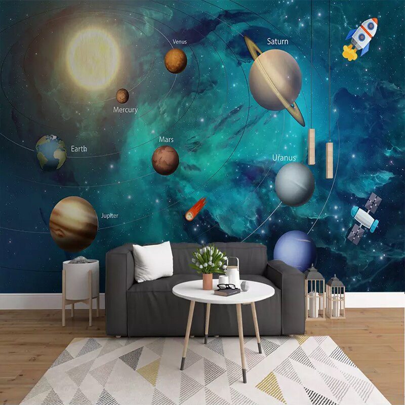 Solar system mural wallpaper displayed in playroom showing scale and vibrant colors