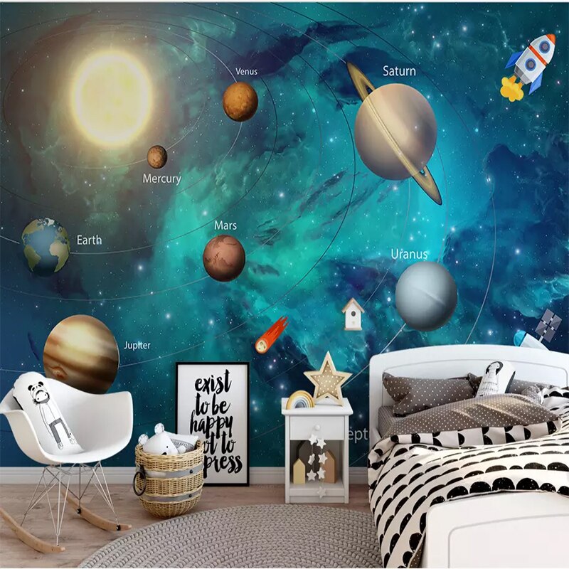 Planets wallpaper installation in study area, perfect for learning environment