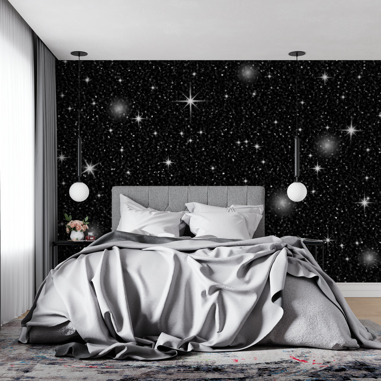 Starry Night Sky Wallpaper creating a cozy atmosphere in a modern bedroom with soft lighting