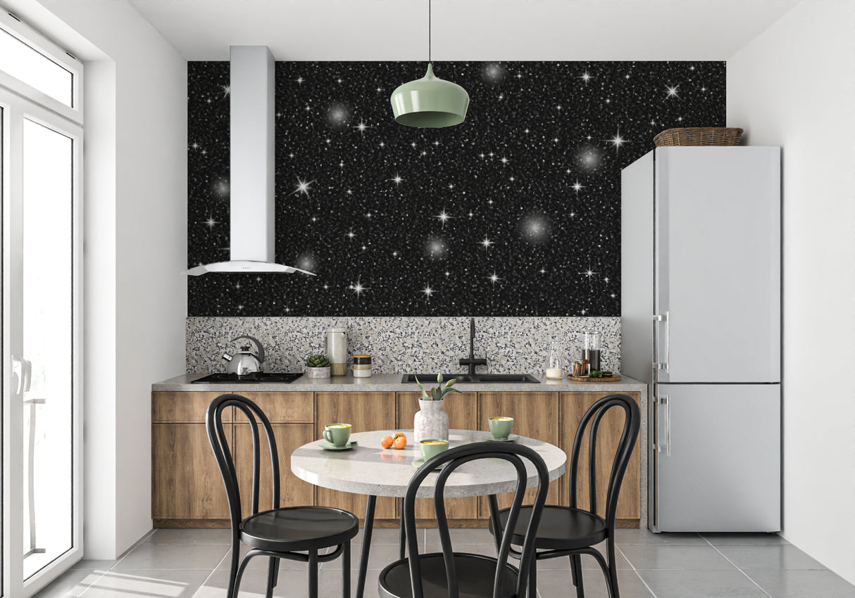Space themed wallpaper adding depth to a home office with stunning star details