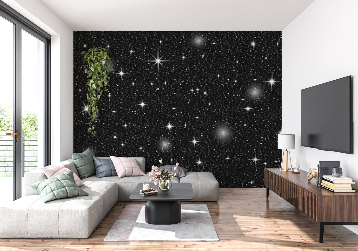 Celestial wallpaper making a living room feel endless and dreamy