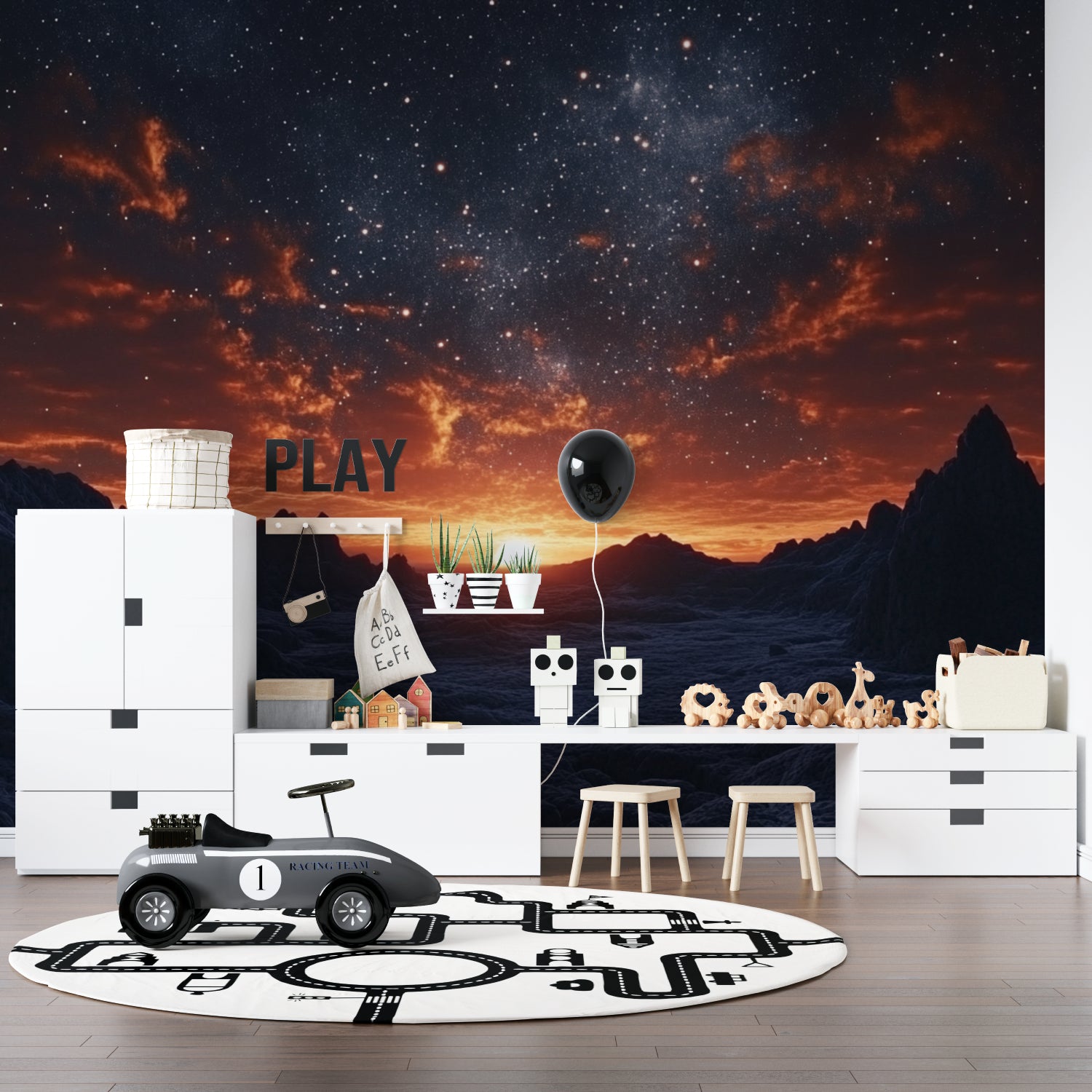 Space galaxy wallpaper in modern bedroom showing sunset colors and stars