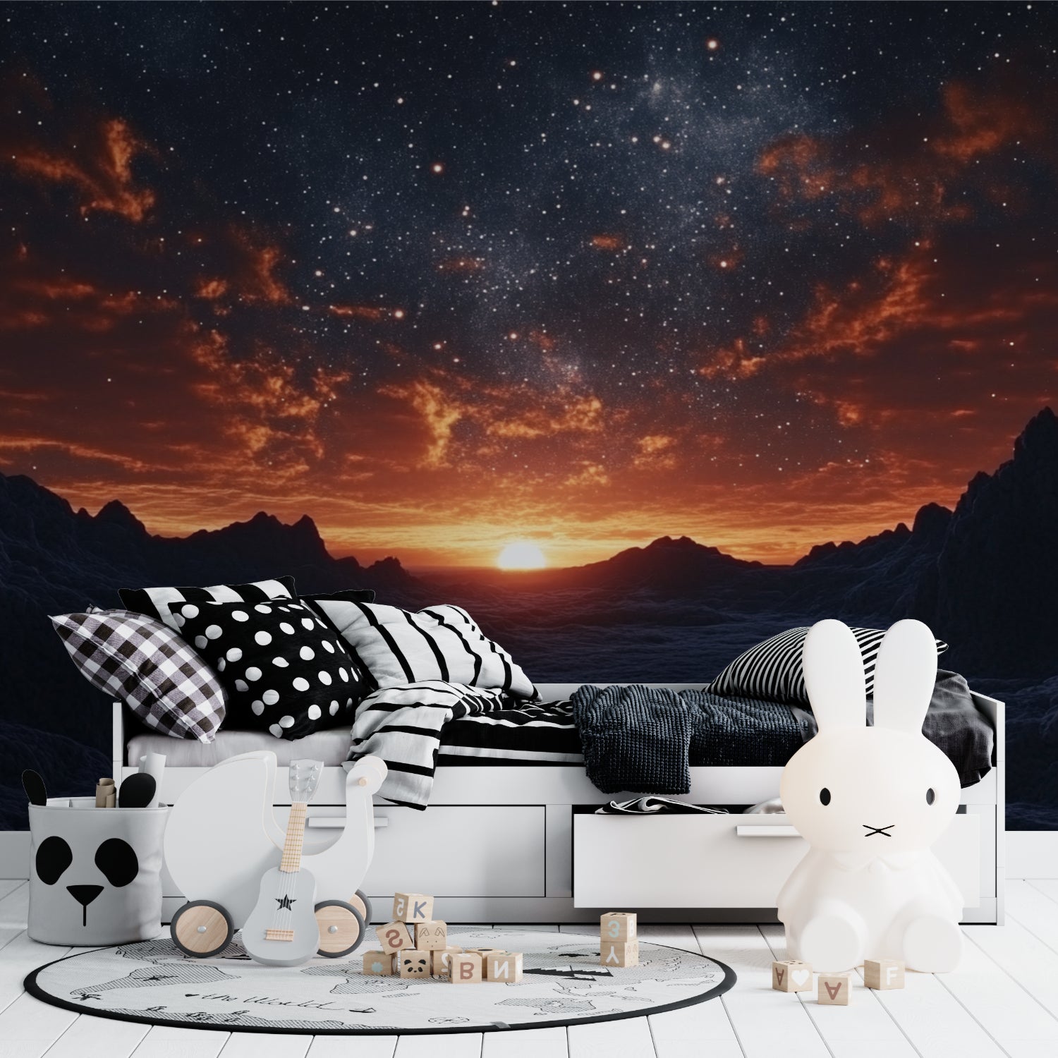 Space wallpaper in teen room showcasing dramatic galaxy sunset