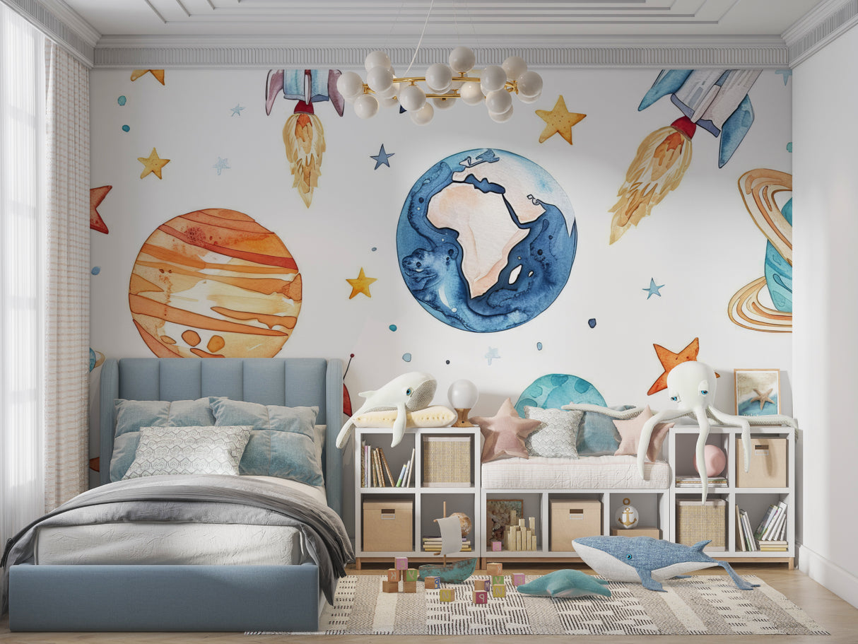 Kids bedroom featuring watercolor space wallpaper with reading nook and telescope