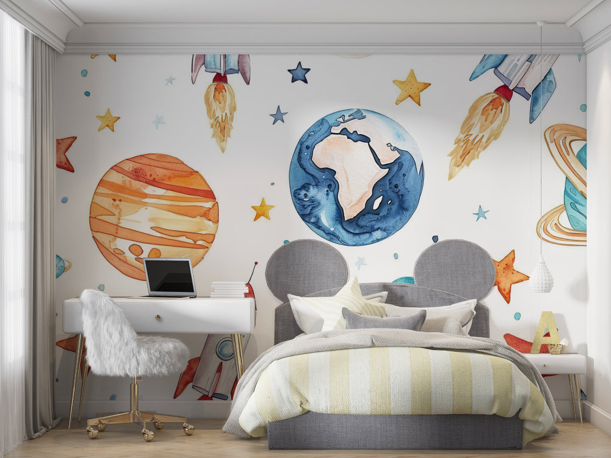 Playroom with space themed wallpaper showing watercolor planets and rockets