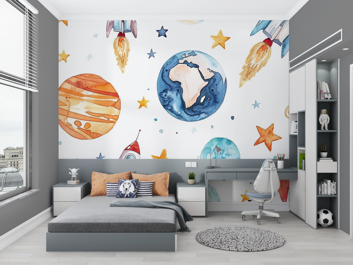 Study area with space exploration wallpaper creating inspiring atmosphere