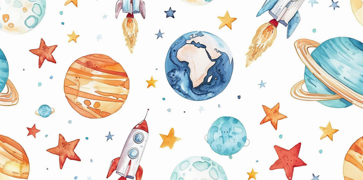 Watercolor space pattern design file showing detailed planets and rocket ships
