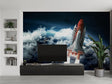 Space shuttle wallpaper creating depth in modern living room with grey sofa and minimal decor