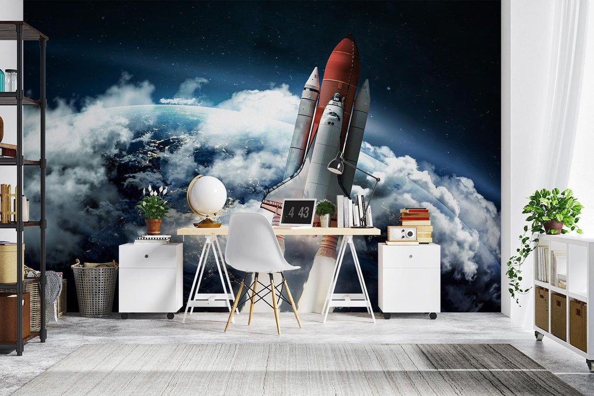 Kids bedroom with space launch mural wallpaper behind study desk and telescope