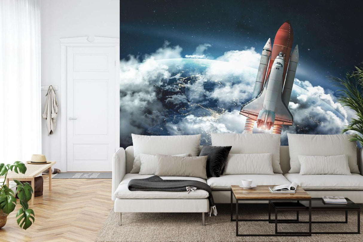 Home office featuring dramatic space shuttle wall mural with floating shelves