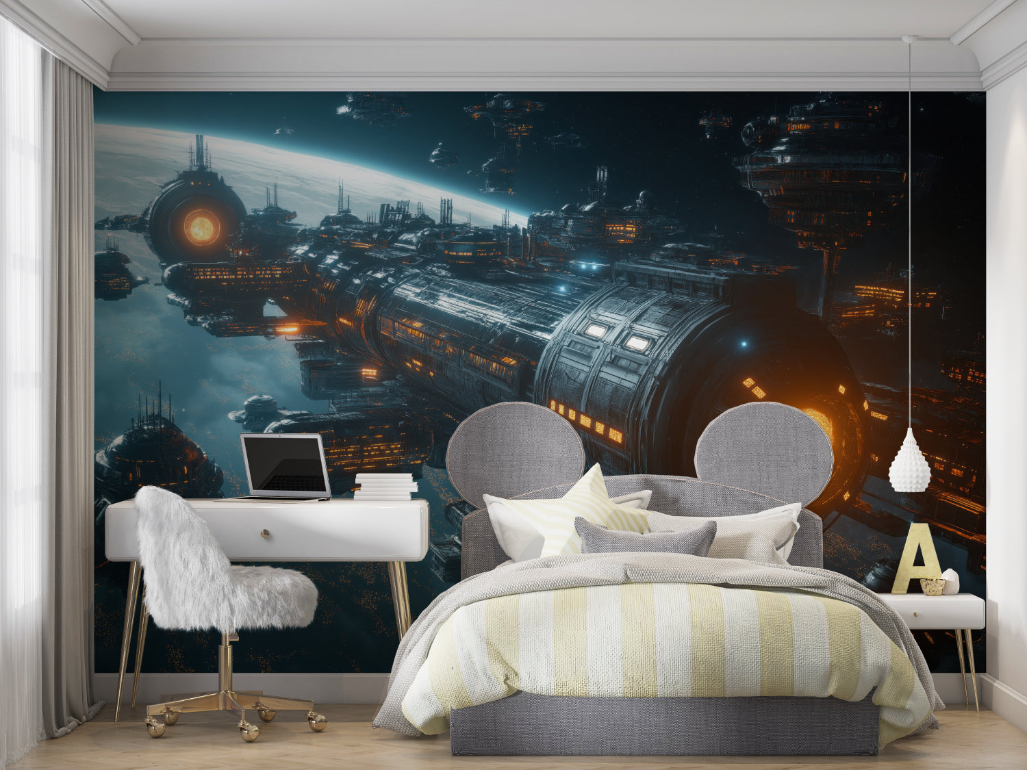 Space themed wall mural showcasing orbital station in home office setup