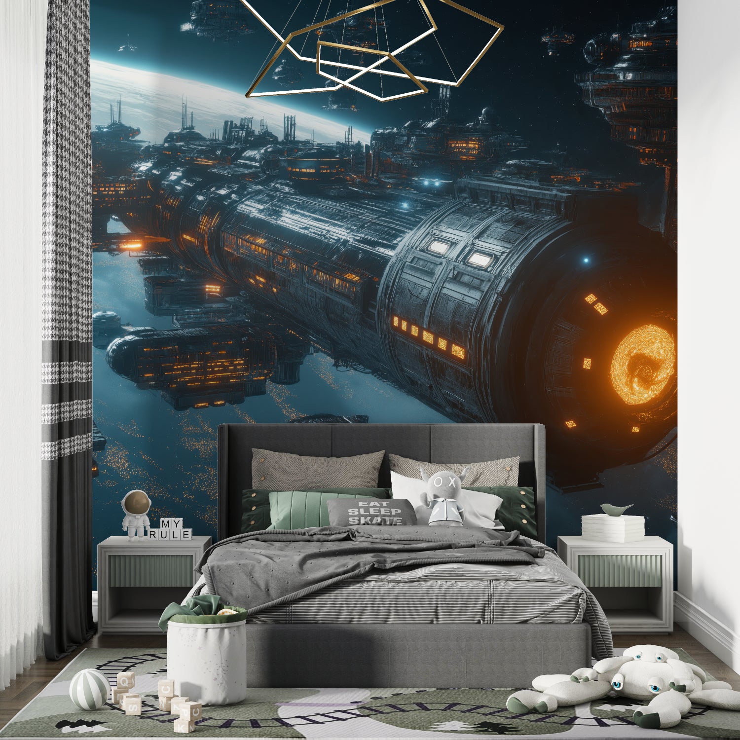 Space station wall design enhancing minimalist bedroom decor