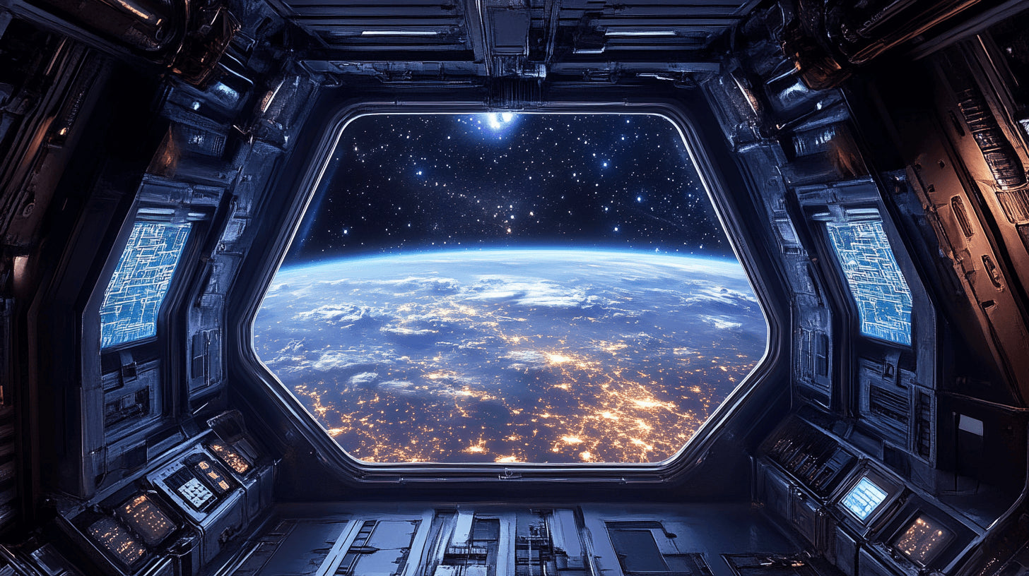 Design file showing detailed space station window frame and Earth view pattern