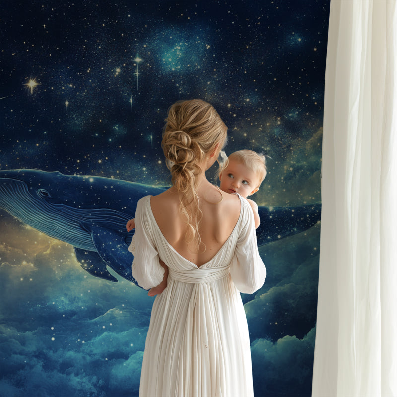 Space whale wallpaper in cozy nursery with soft lighting showing celestial design