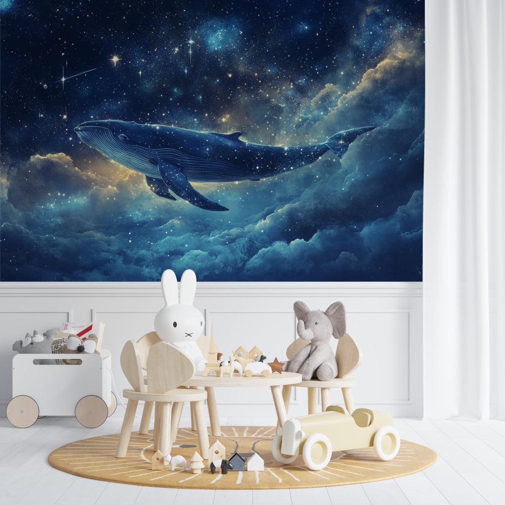 Kids bedroom featuring celestial whale wallpaper creating magical atmosphere