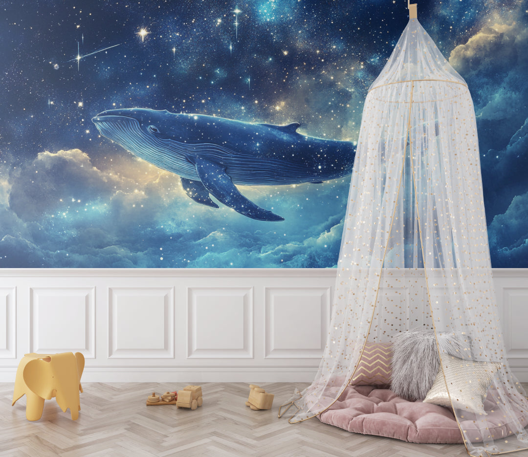 Playroom with marine galaxy wallpaper showing whale swimming through stars