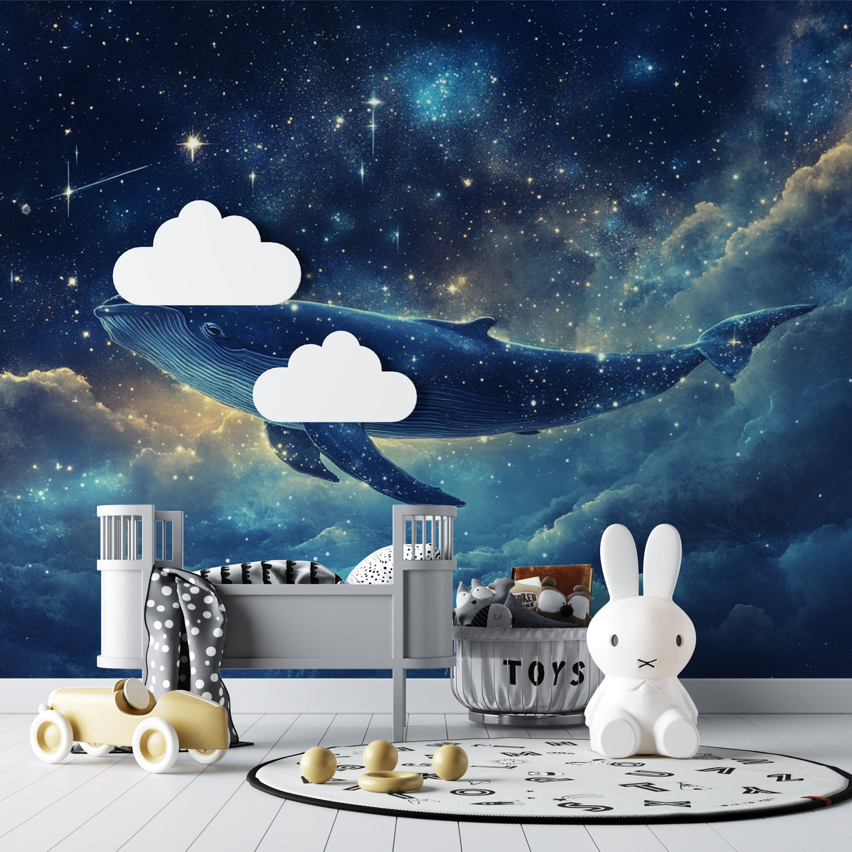 Reading nook with space whale wallpaper creating dreamy environment