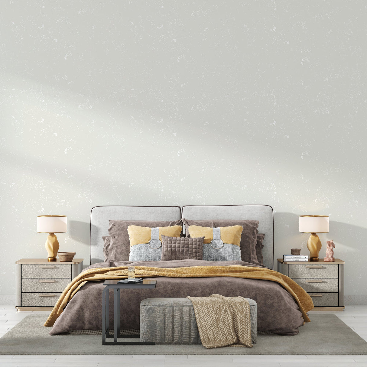 Shimmering white wall mural brightening a cozy bedroom with evening lighting
