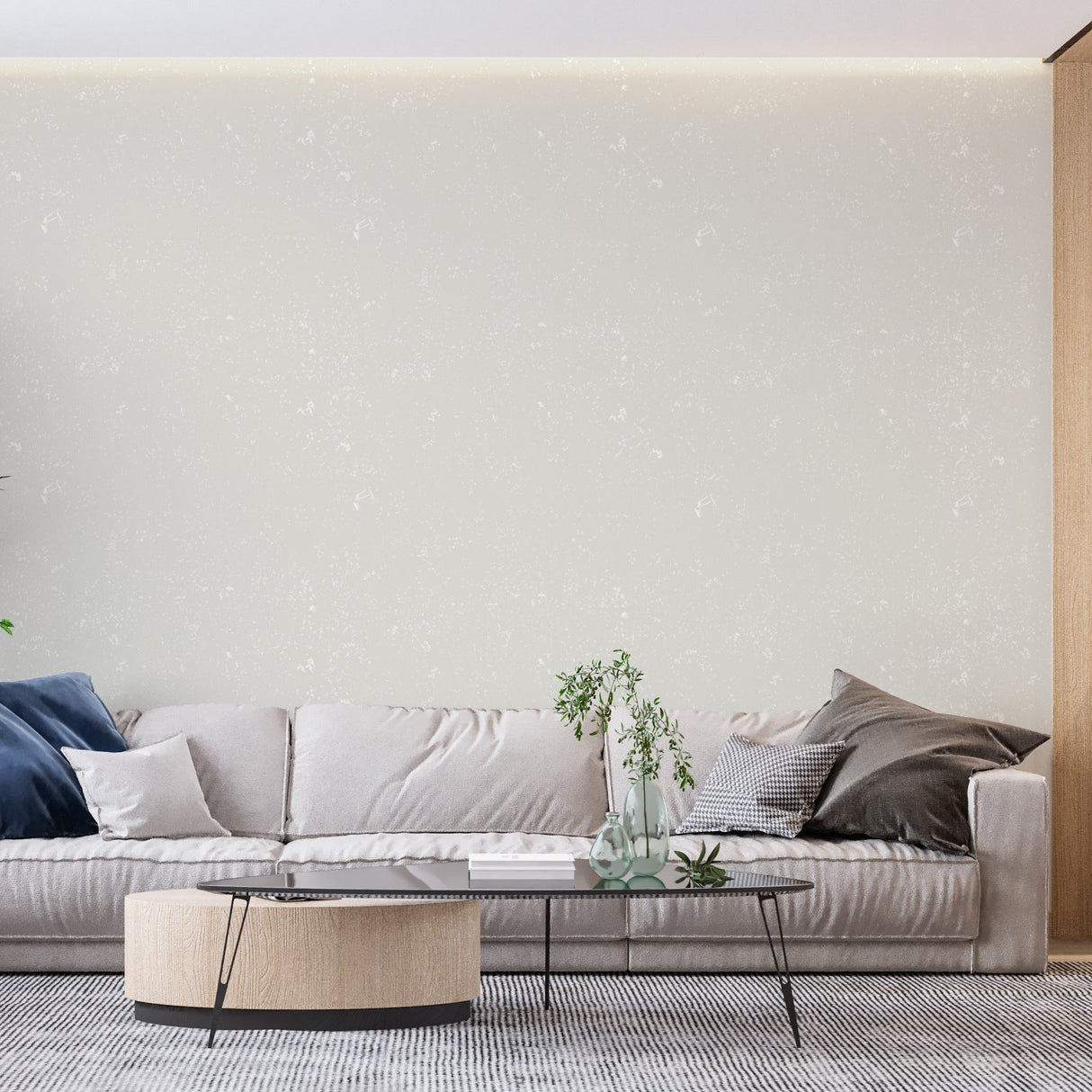 Elegant dining room featuring white sparkle wallpaper with crystal chandelier reflections