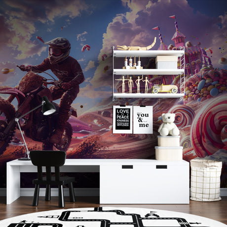 Motocross fantasy wallpaper bringing excitement to a modern kids bedroom with pink and purple tones