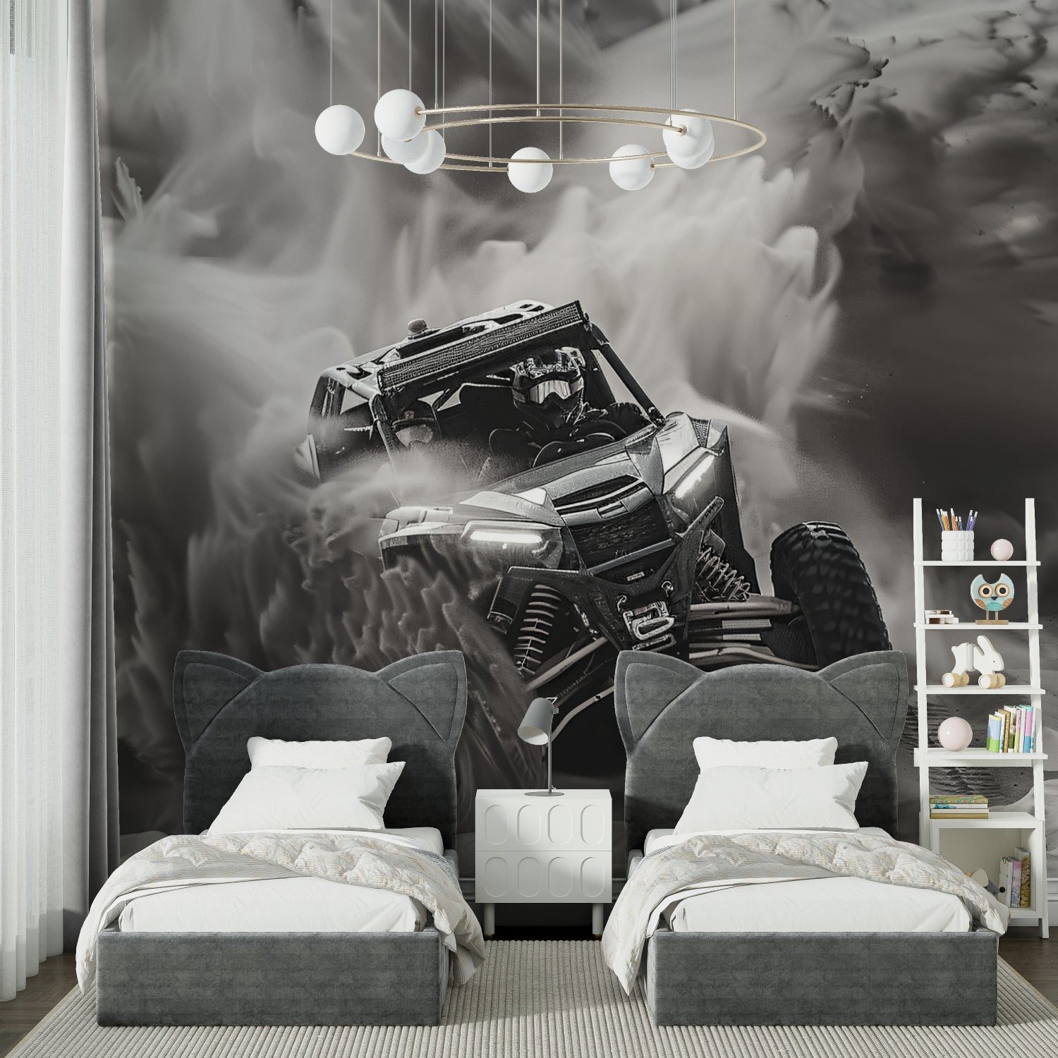 Sports car mural displayed in a home office with contemporary decor and lighting