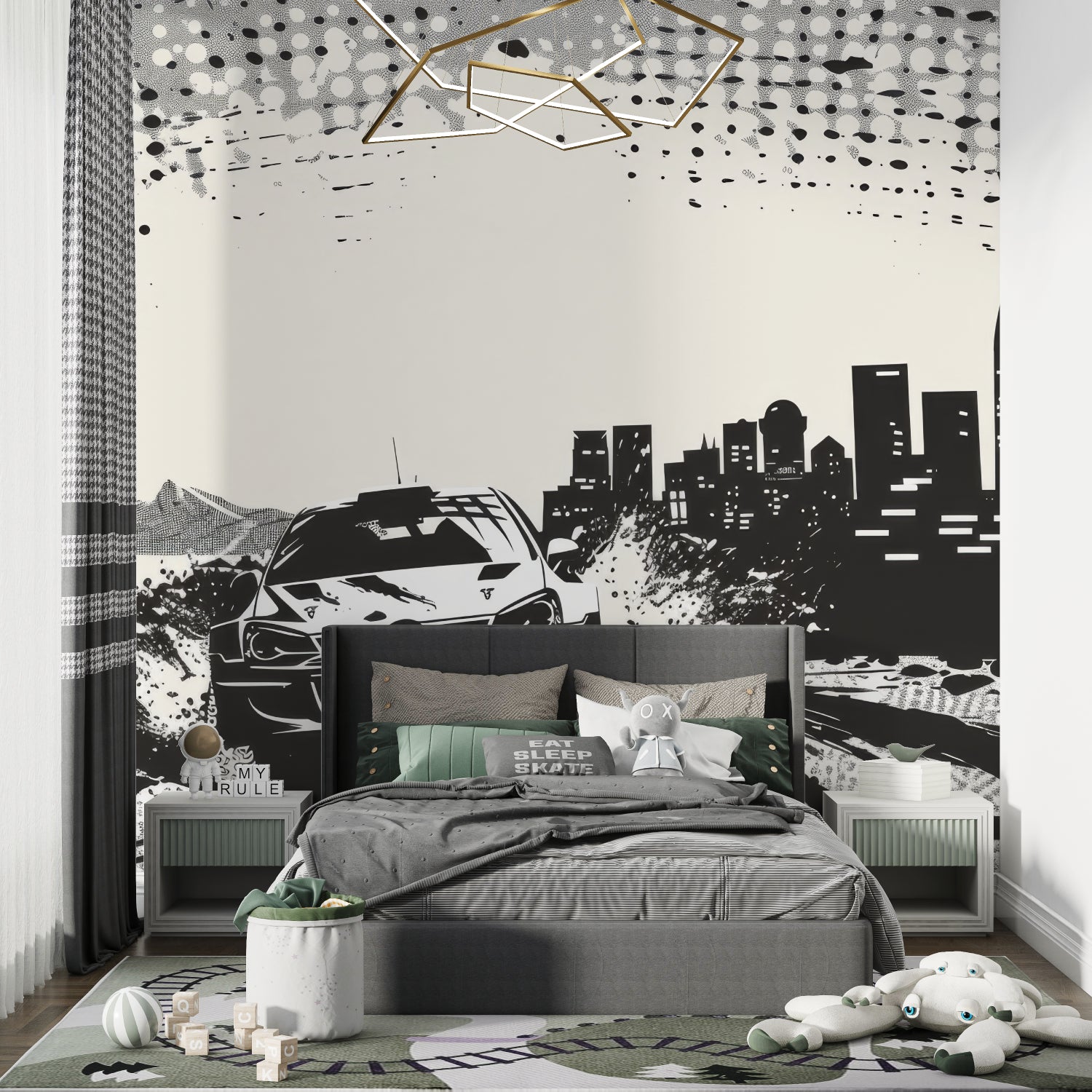 Sports car mural displayed in gaming room with sleek monochrome racing theme