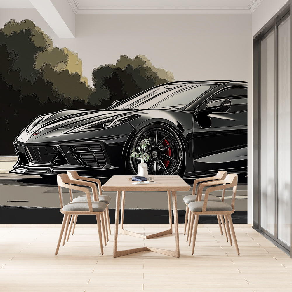 Black Corvette sports car wallpaper mural displayed in a modern minimalist living room with clean lines and ambient lighting