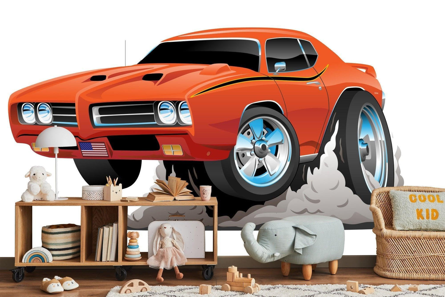 Sports car wallpaper brightening a modern kids bedroom, orange muscle car design adding energy to white walls