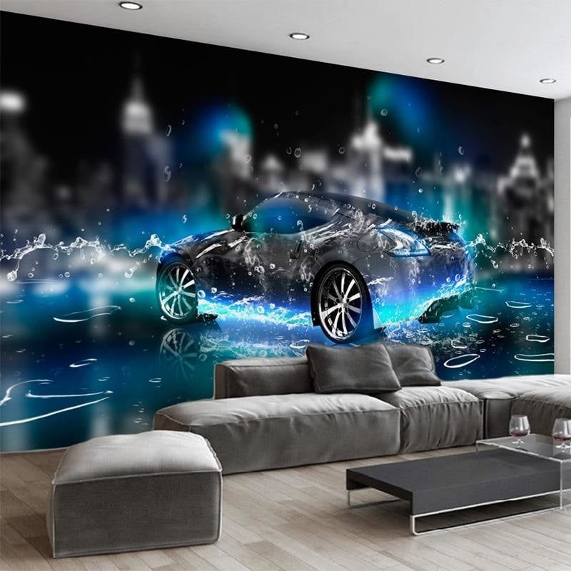 Sports car wallpaper mural showcased in a modern gaming room with blue accent lighting