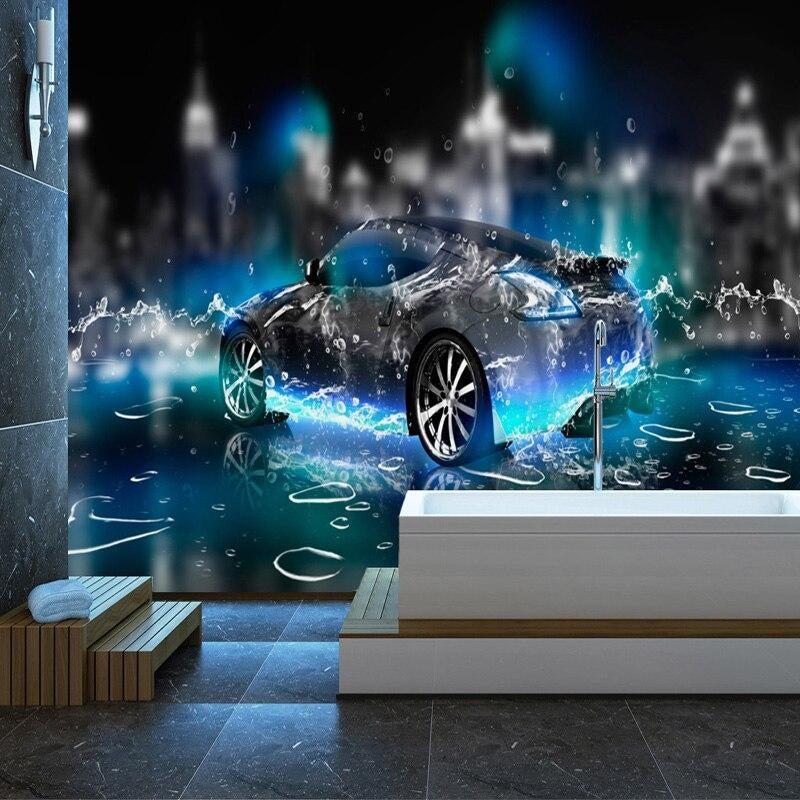 Luxury car wall mural displayed in a teen bedroom with contemporary furniture