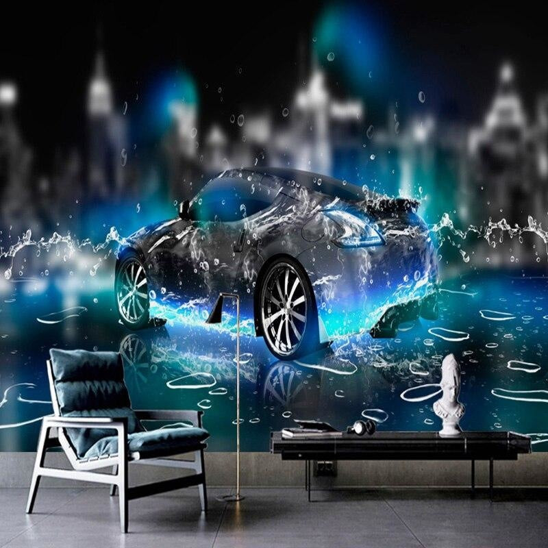 Sports car water splash mural installed in a stylish home office setting
