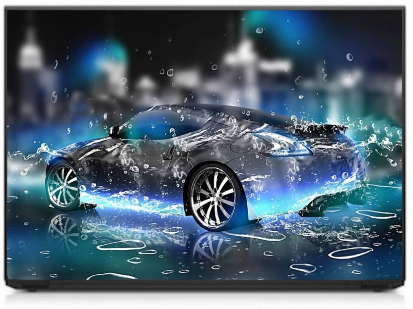 Design file of sports car with dynamic blue water splash effect against urban backdrop