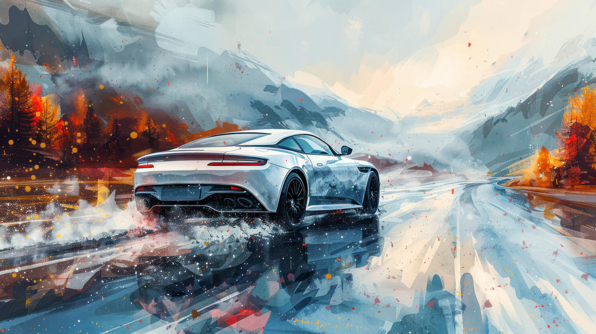 Design file showing detailed sports car against mountain backdrop with dynamic racing effects